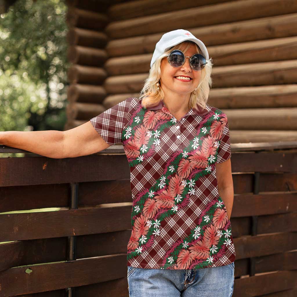 Polynesian Monstera Tiare Floral Women Polo Shirt Burgundy Tropical Plaid - Polynesian Pride