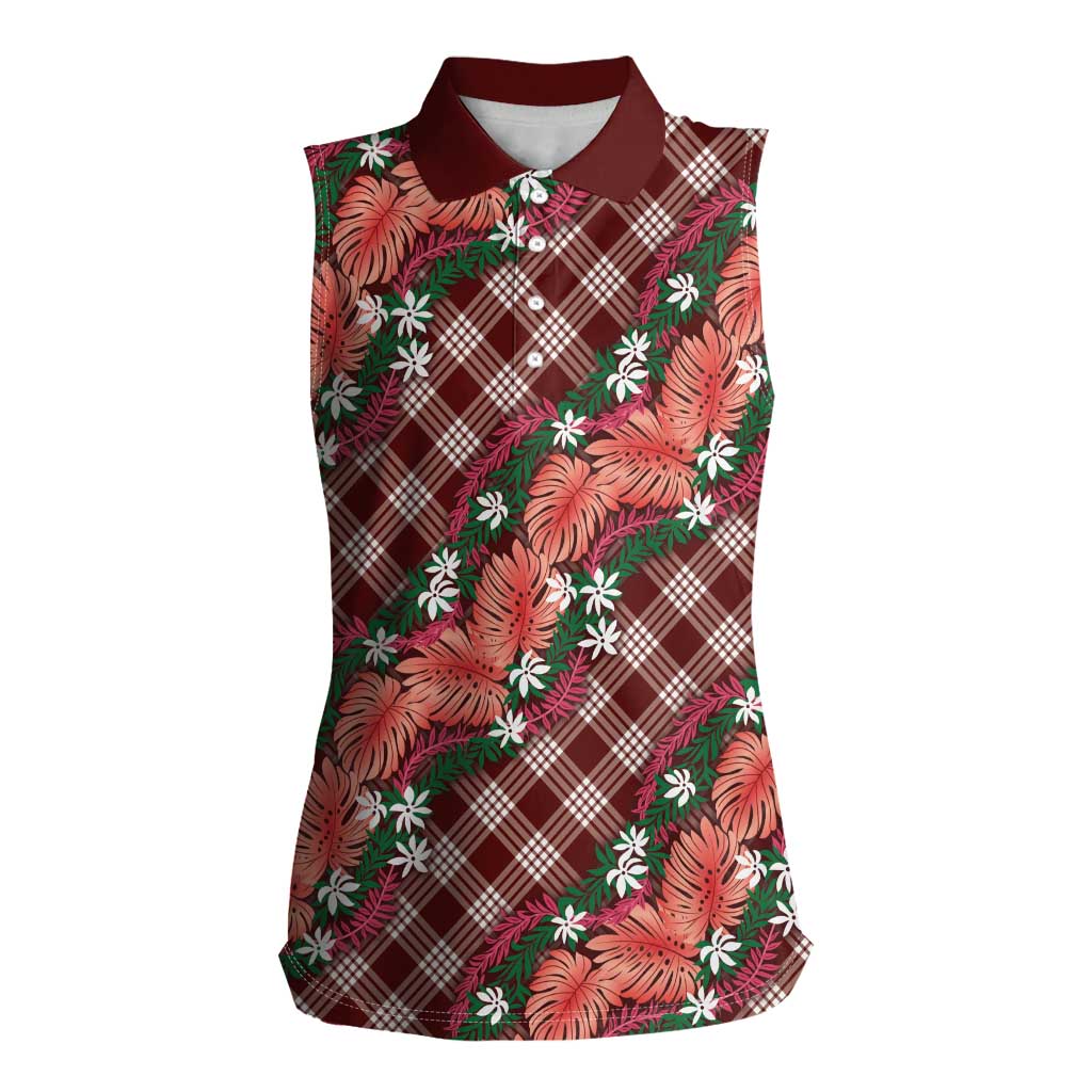 Polynesian Monstera Tiare Floral Women Sleeveless Polo Shirt Burgundy Tropical Plaid - Polynesian Pride