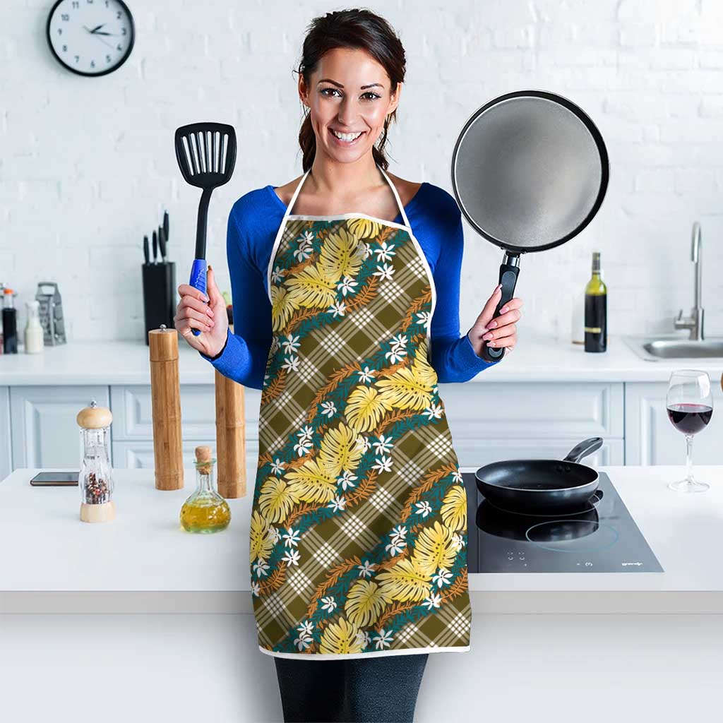 Polynesian Monstera Tiare Floral Apron Yellow Tropical Plaid - Polynesian Pride