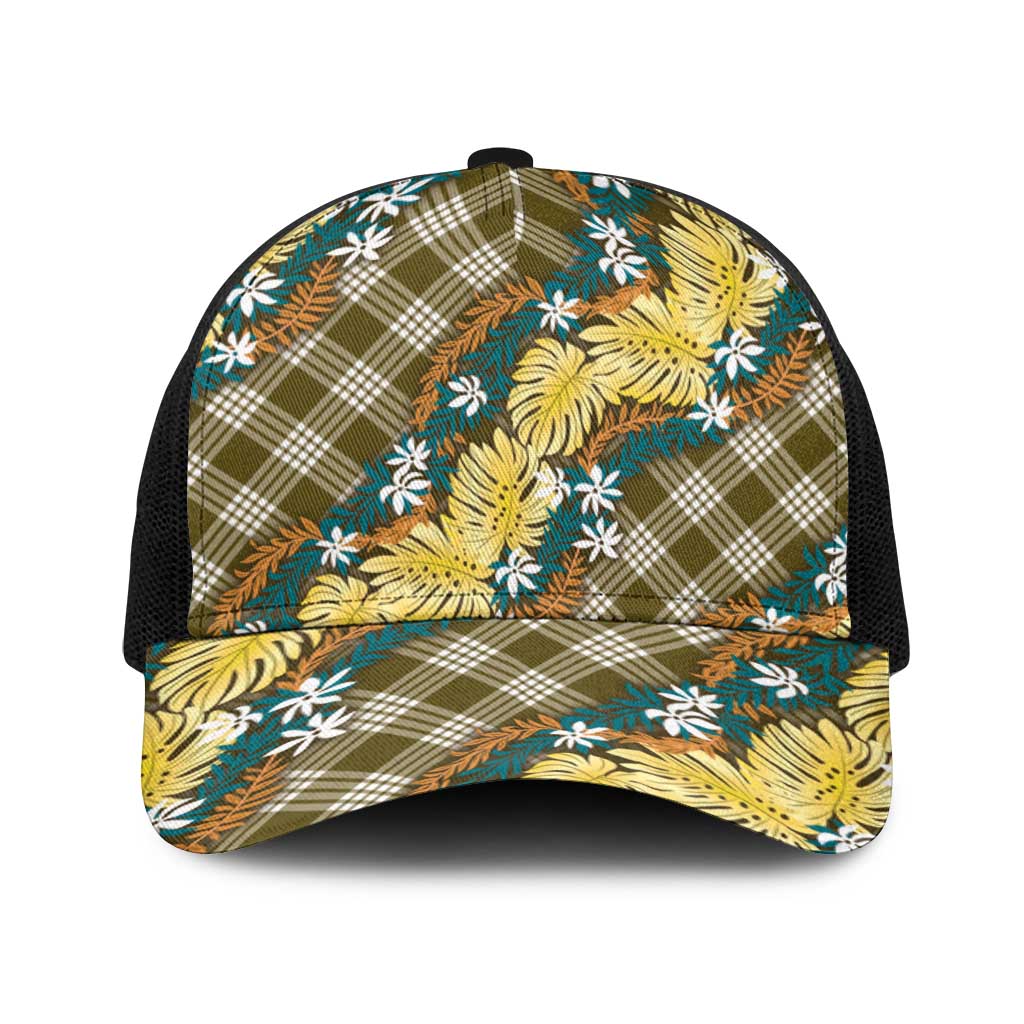 Polynesian Monstera Tiare Floral Baseball Net Cap Yellow Tropical Plaid - Polynesian Pride