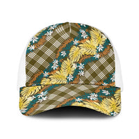 Polynesian Monstera Tiare Floral Baseball Net Cap Yellow Tropical Plaid - Polynesian Pride