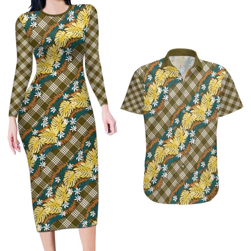 Polynesian Monstera Tiare Floral Couples Matching Long Sleeve Bodycon Dress and Hawaiian Shirt Yellow Tropical Plaid LT01 Yellow - Polynesian Pride