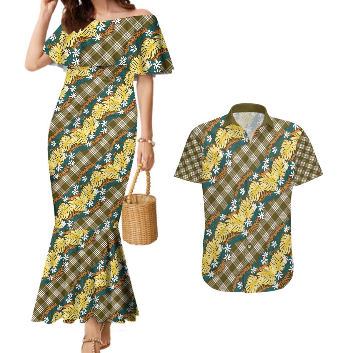 Polynesian Monstera Tiare Floral Couples Matching Mermaid Dress and Hawaiian Shirt Yellow Tropical Plaid LT01 Yellow - Polynesian Pride