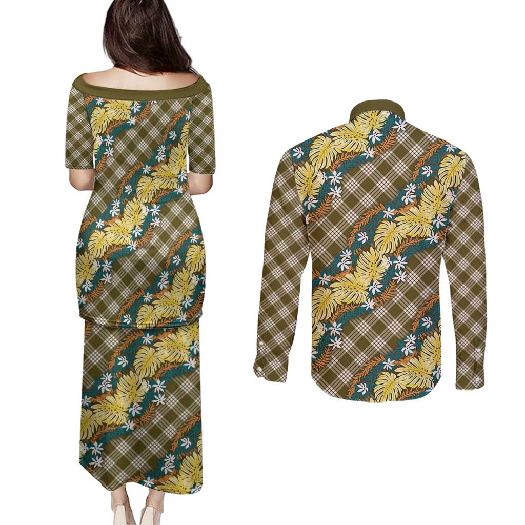 Polynesian Monstera Tiare Floral Couples Matching Puletasi and Long Sleeve Button Shirt Yellow Tropical Plaid - Polynesian Pride