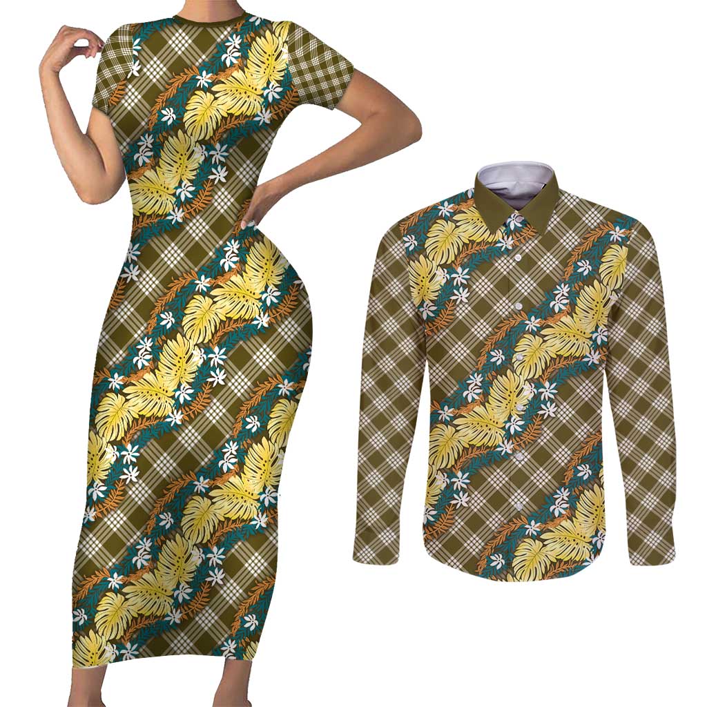 Polynesian Monstera Tiare Floral Couples Matching Short Sleeve Bodycon Dress and Long Sleeve Button Shirt Yellow Tropical Plaid LT01 Yellow - Polynesian Pride