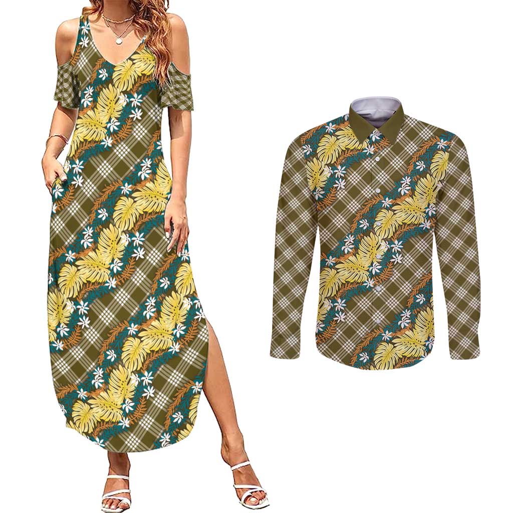 Polynesian Monstera Tiare Floral Couples Matching Summer Maxi Dress and Long Sleeve Button Shirt Yellow Tropical Plaid LT01 Yellow - Polynesian Pride