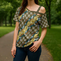 Polynesian Monstera Tiare Floral Cross Shoulder Shirt Yellow Tropical Plaid - Polynesian Pride