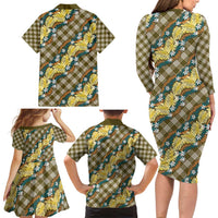 Polynesian Monstera Tiare Floral Family Matching Long Sleeve Bodycon Dress and Hawaiian Shirt Yellow Tropical Plaid LT01 - Polynesian Pride