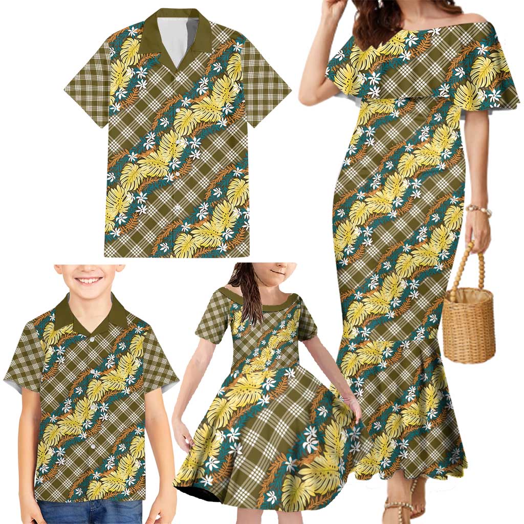 Polynesian Monstera Tiare Floral Family Matching Mermaid Dress and Hawaiian Shirt Yellow Tropical Plaid LT01 - Polynesian Pride