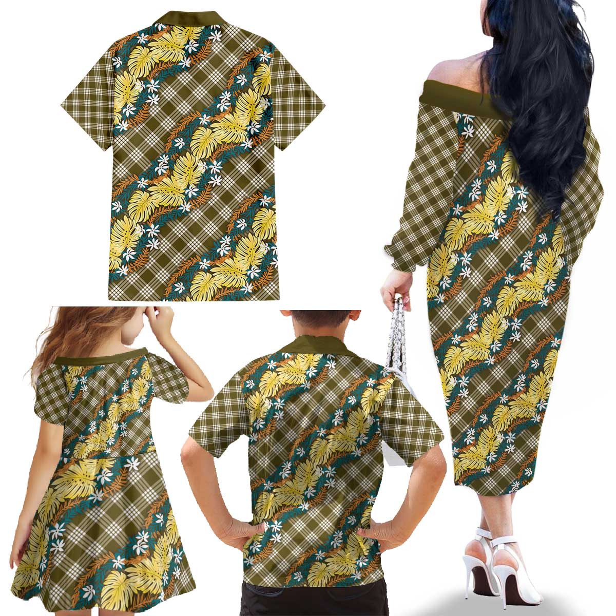 Polynesian Monstera Tiare Floral Family Matching Off The Shoulder Long Sleeve Dress and Hawaiian Shirt Yellow Tropical Plaid LT01 - Polynesian Pride