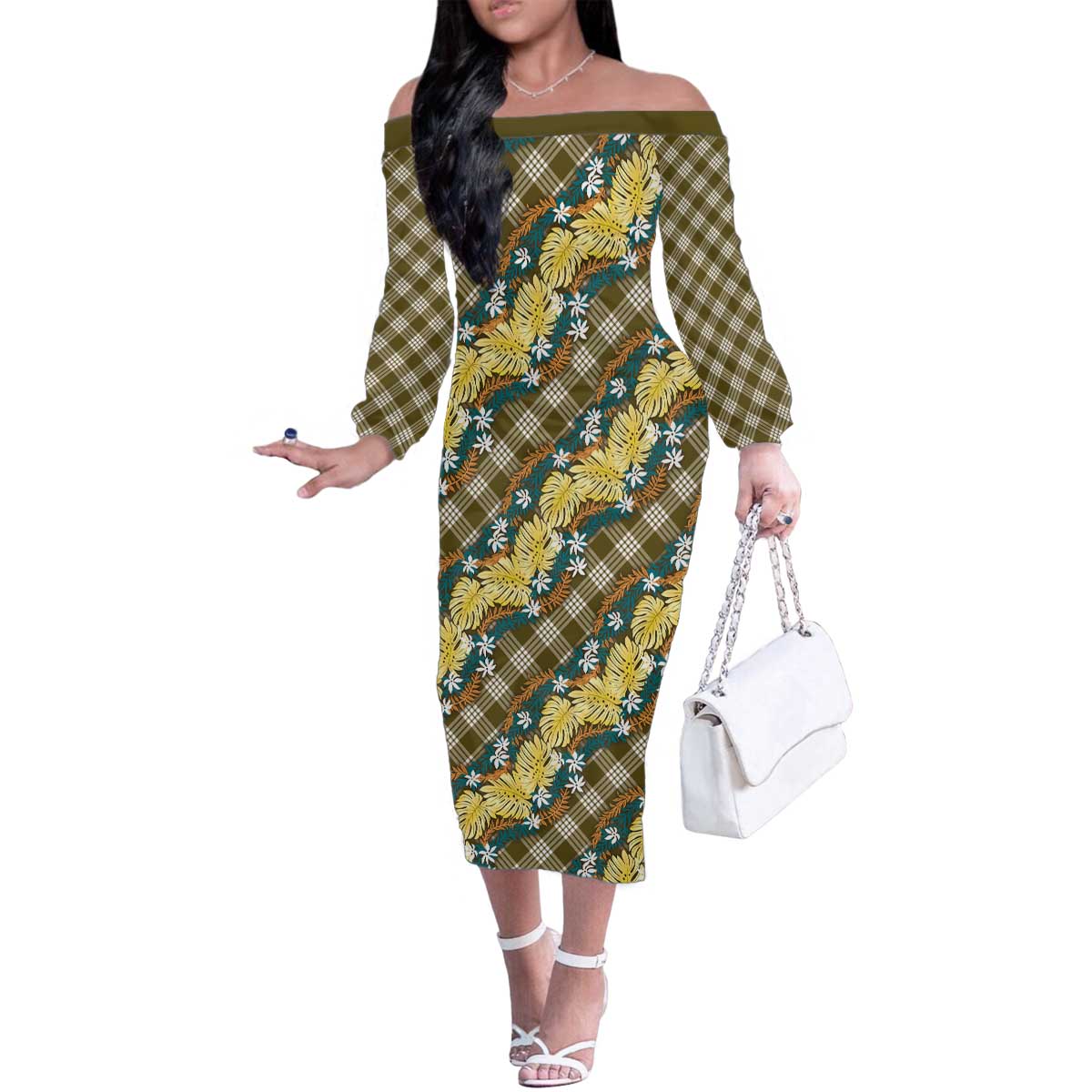 Polynesian Monstera Tiare Floral Family Matching Off The Shoulder Long Sleeve Dress and Hawaiian Shirt Yellow Tropical Plaid LT01 Mom's Dress Yellow - Polynesian Pride