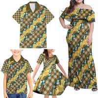 Polynesian Monstera Tiare Floral Family Matching Off Shoulder Maxi Dress and Hawaiian Shirt Yellow Tropical Plaid LT01 - Polynesian Pride