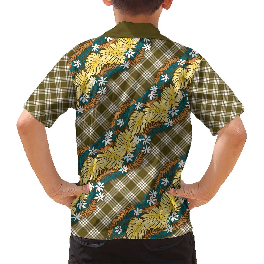 Polynesian Monstera Tiare Floral Family Matching Off Shoulder Short Dress and Hawaiian Shirt Yellow Tropical Plaid LT01 - Polynesian Pride