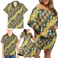 Polynesian Monstera Tiare Floral Family Matching Off Shoulder Short Dress and Hawaiian Shirt Yellow Tropical Plaid LT01 - Polynesian Pride