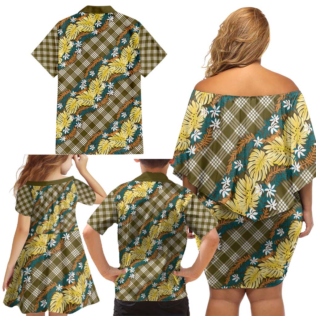Polynesian Monstera Tiare Floral Family Matching Off Shoulder Short Dress and Hawaiian Shirt Yellow Tropical Plaid LT01 - Polynesian Pride