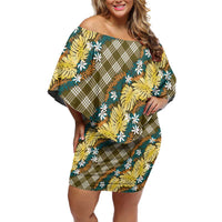 Polynesian Monstera Tiare Floral Family Matching Off Shoulder Short Dress and Hawaiian Shirt Yellow Tropical Plaid LT01 Mom's Dress Yellow - Polynesian Pride