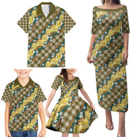Polynesian Monstera Tiare Floral Family Matching Puletasi and Hawaiian Shirt Yellow Tropical Plaid LT01 - Polynesian Pride