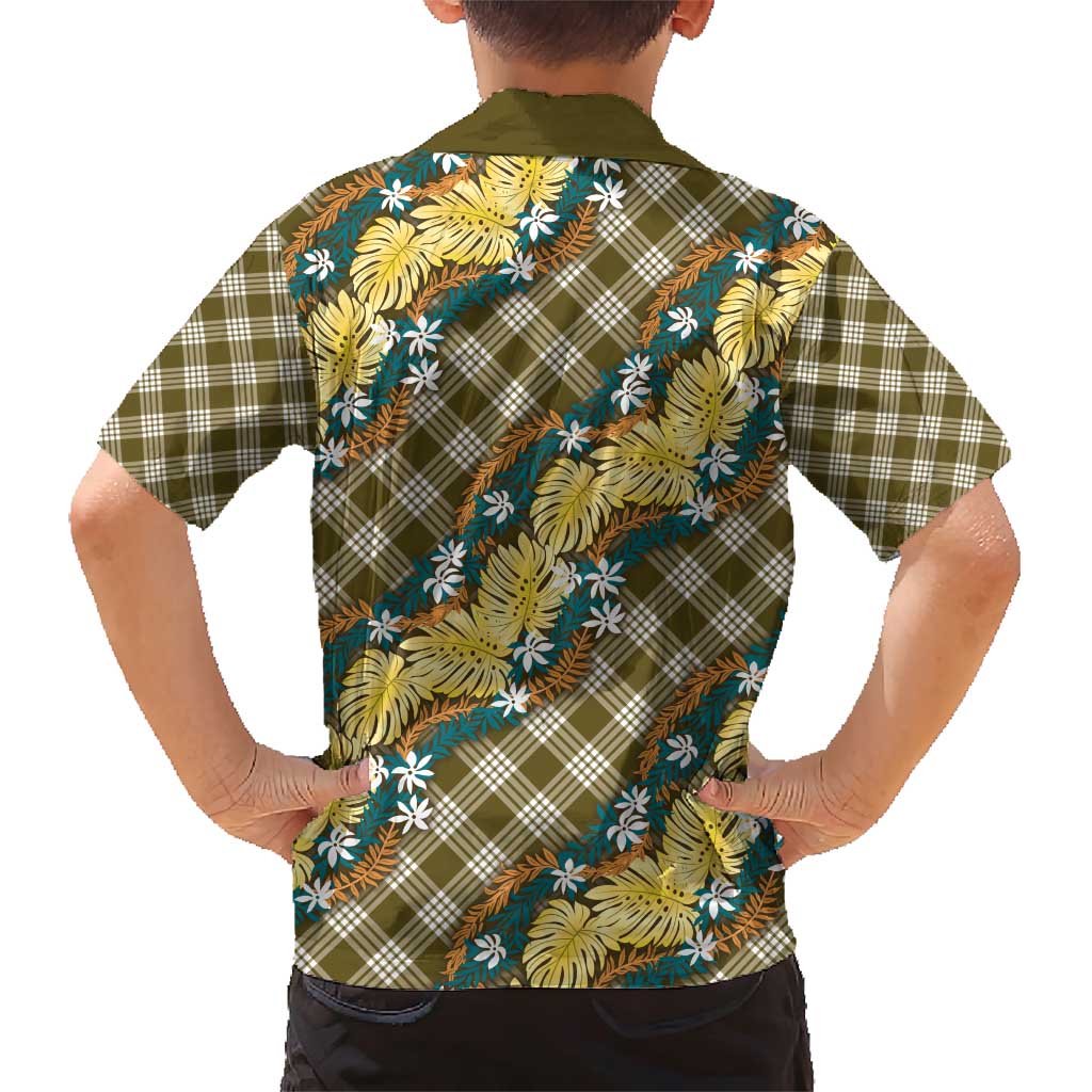Polynesian Monstera Tiare Floral Family Matching Short Sleeve Bodycon Dress and Hawaiian Shirt Yellow Tropical Plaid LT01 - Polynesian Pride