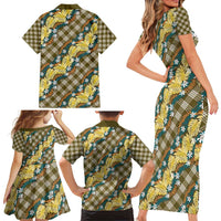 Polynesian Monstera Tiare Floral Family Matching Short Sleeve Bodycon Dress and Hawaiian Shirt Yellow Tropical Plaid LT01 - Polynesian Pride