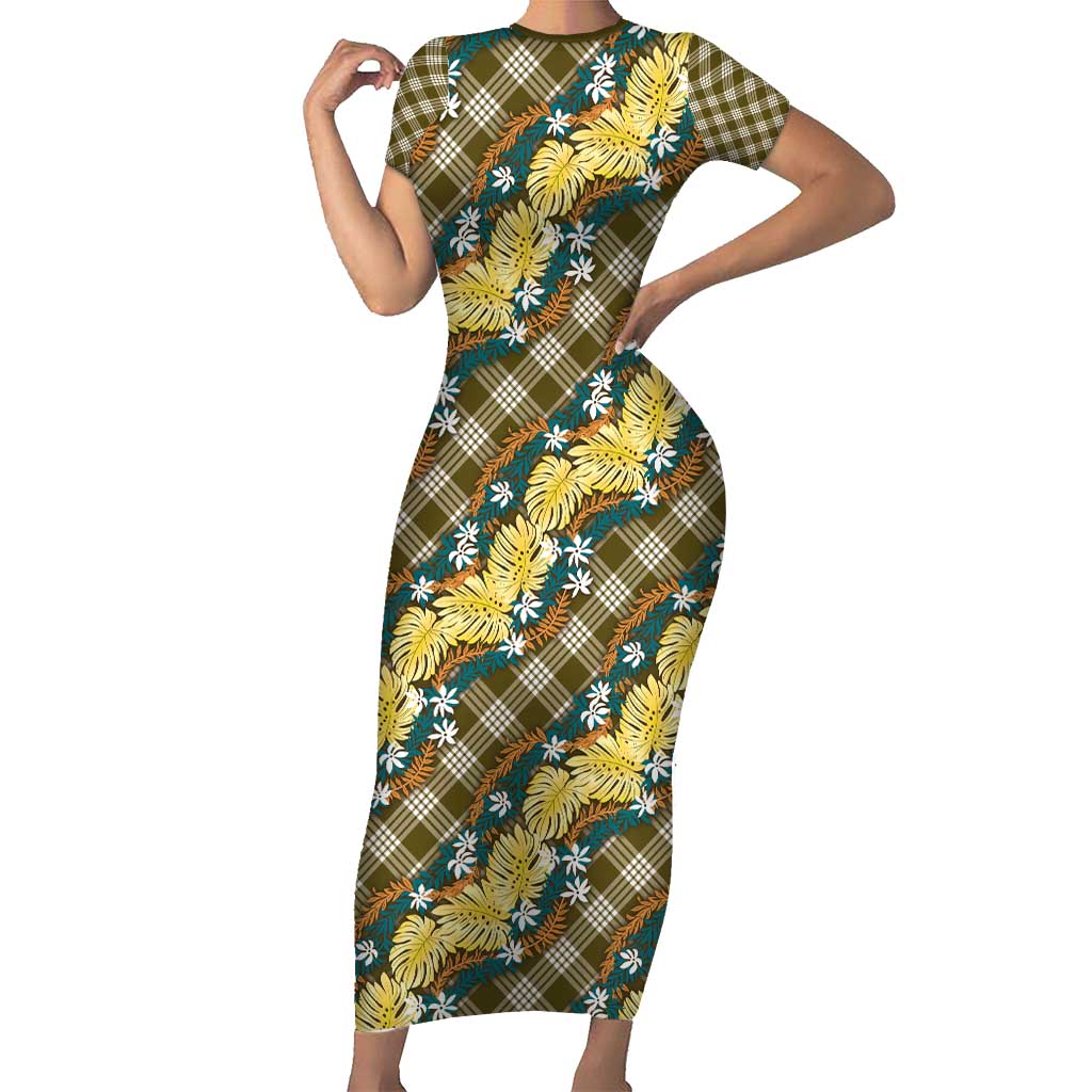 Polynesian Monstera Tiare Floral Family Matching Short Sleeve Bodycon Dress and Hawaiian Shirt Yellow Tropical Plaid LT01 Mom's Dress Yellow - Polynesian Pride