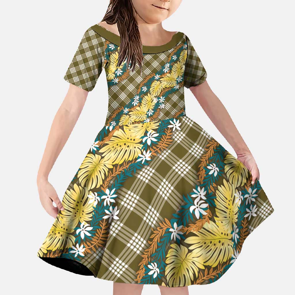 Polynesian Monstera Tiare Floral Family Matching Tank Maxi Dress and Hawaiian Shirt Yellow Tropical Plaid LT01 Daughter's Dress Yellow - Polynesian Pride