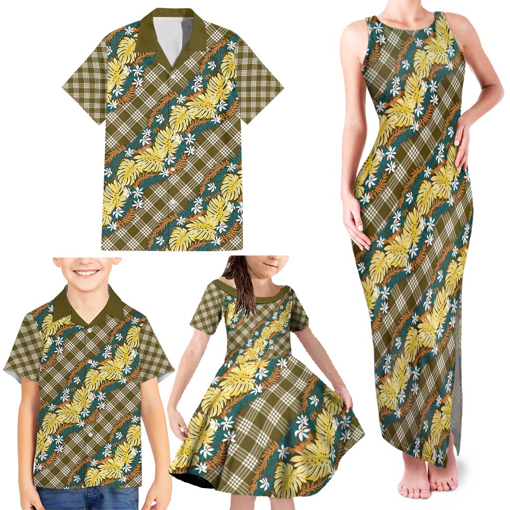 Polynesian Monstera Tiare Floral Family Matching Tank Maxi Dress and Hawaiian Shirt Yellow Tropical Plaid LT01 - Polynesian Pride