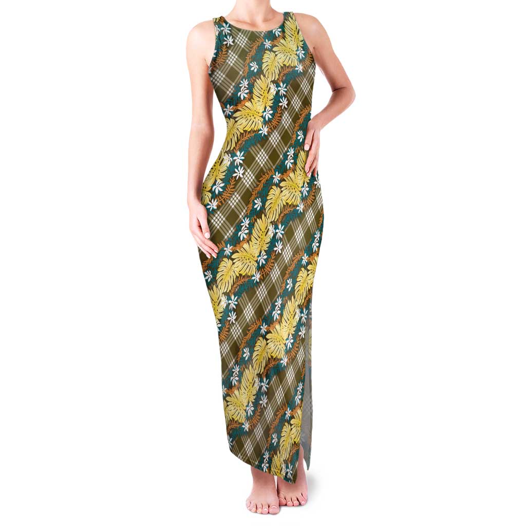 Polynesian Monstera Tiare Floral Family Matching Tank Maxi Dress and Hawaiian Shirt Yellow Tropical Plaid LT01 Mom's Dress Yellow - Polynesian Pride
