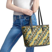 Polynesian Monstera Tiare Floral Leather Tote Bag Yellow Tropical Plaid - Polynesian Pride