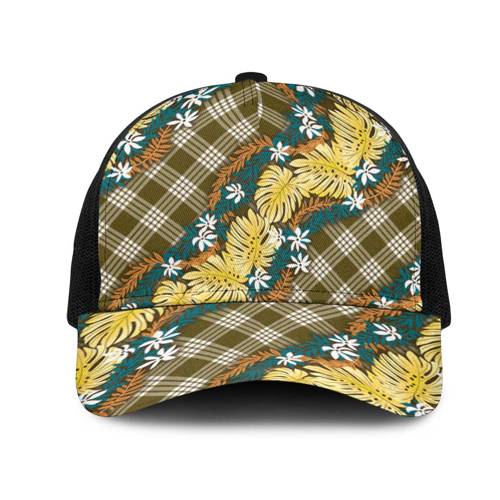 Polynesian Monstera Tiare Floral Mesh Trucker Cap Yellow Tropical Plaid - Polynesian Pride