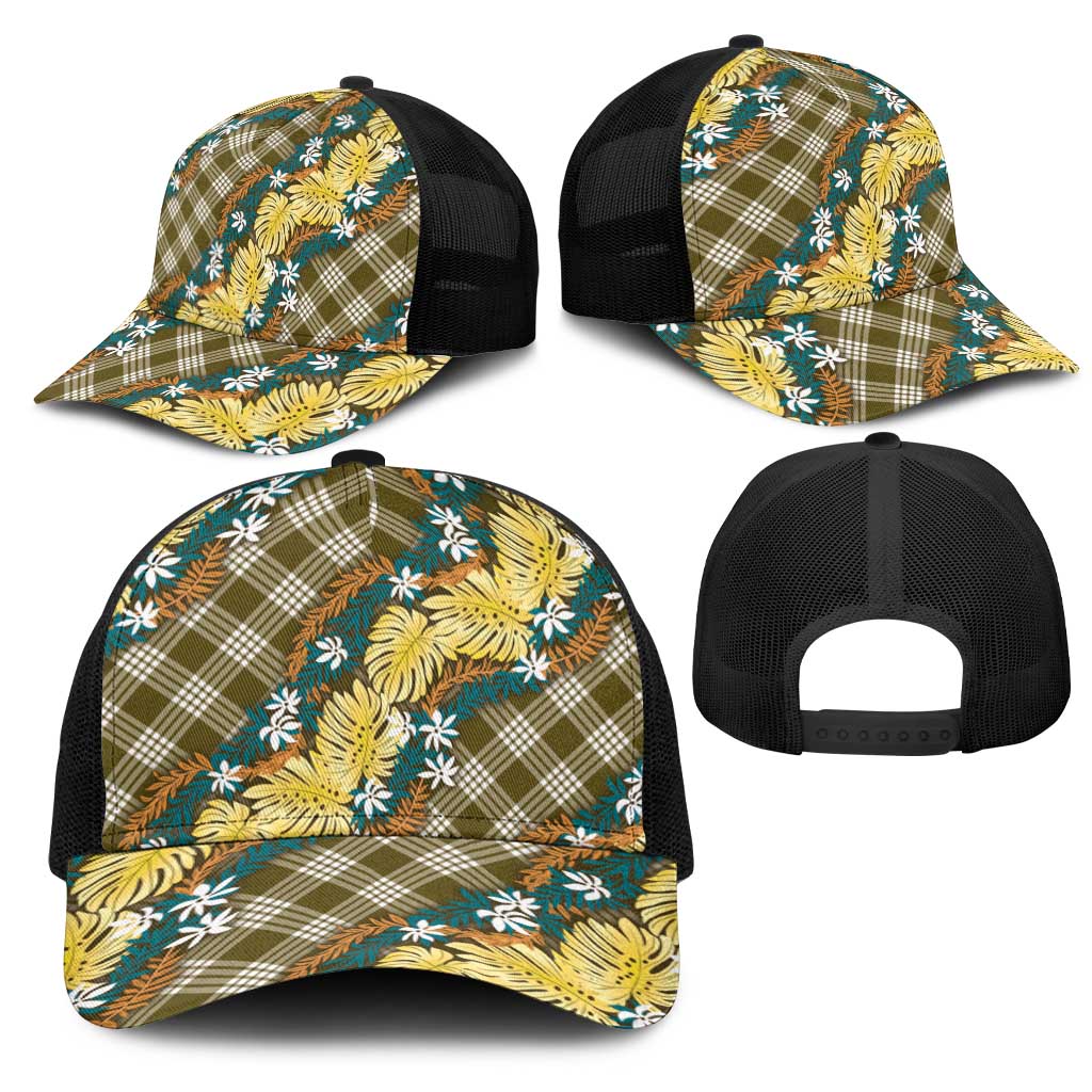 Polynesian Monstera Tiare Floral Mesh Trucker Cap Yellow Tropical Plaid - Polynesian Pride