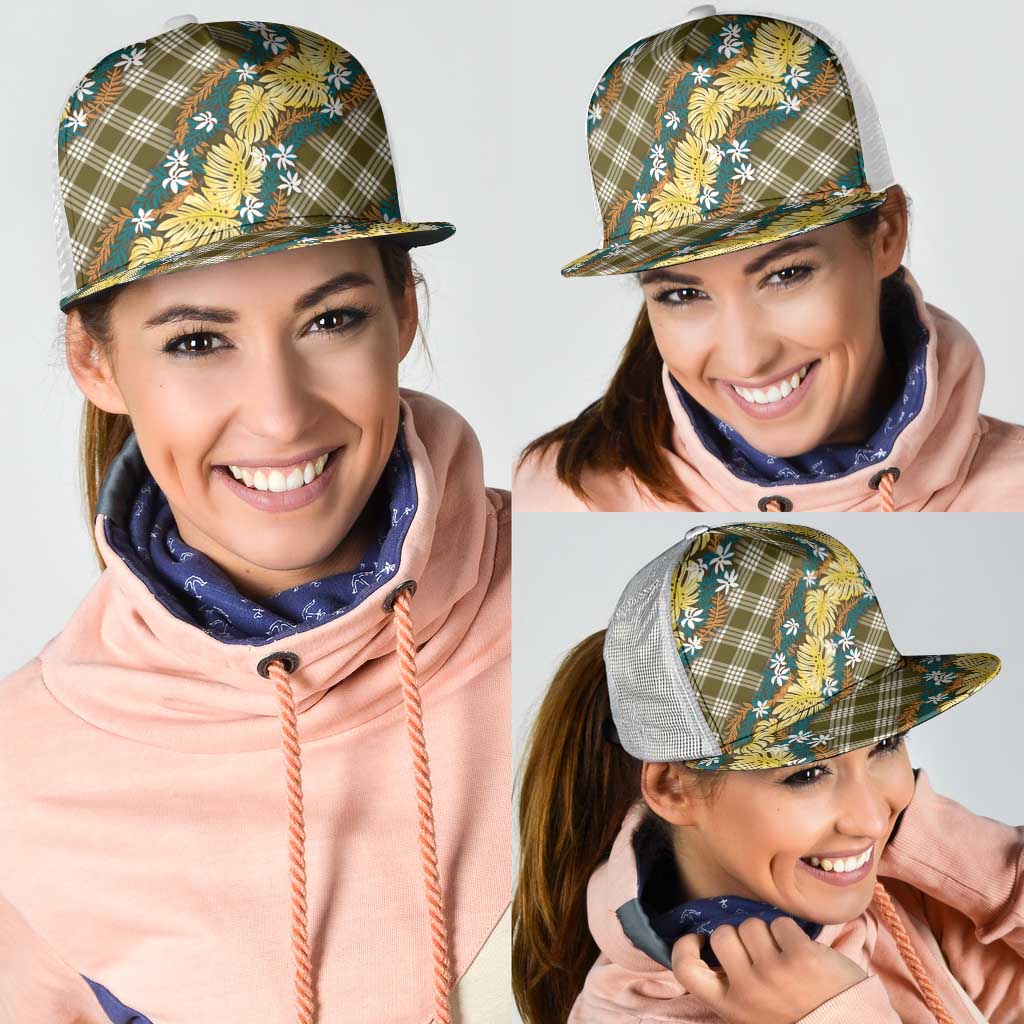 Polynesian Monstera Tiare Floral Mesh Trucker Cap Yellow Tropical Plaid - Polynesian Pride