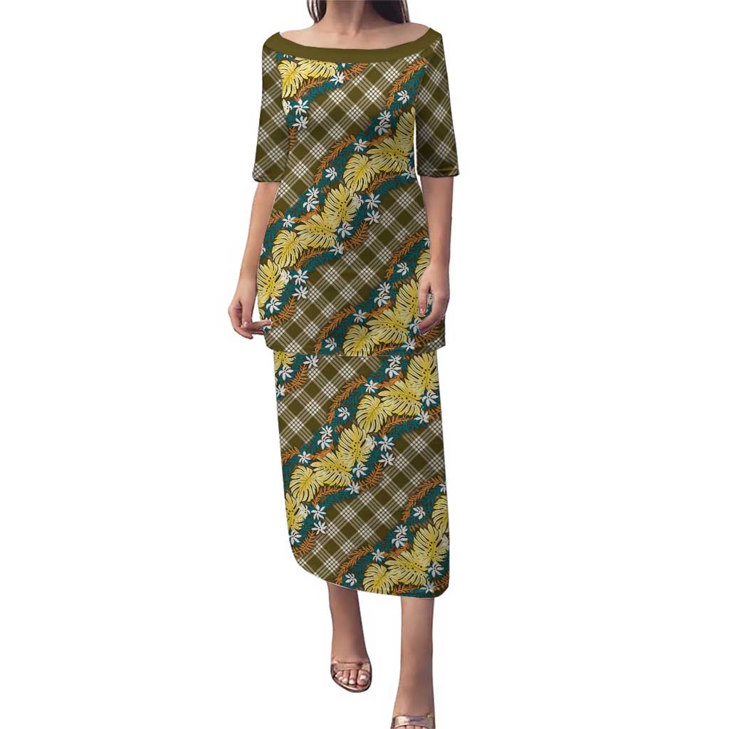 Polynesian Monstera Tiare Floral Puletasi Yellow Tropical Plaid - Polynesian Pride