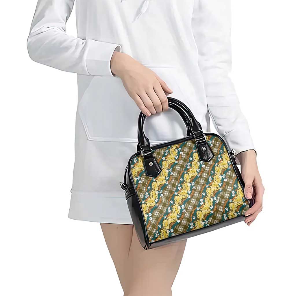 Polynesian Monstera Tiare Floral Shoulder Handbag Yellow Tropical Plaid - Polynesian Pride