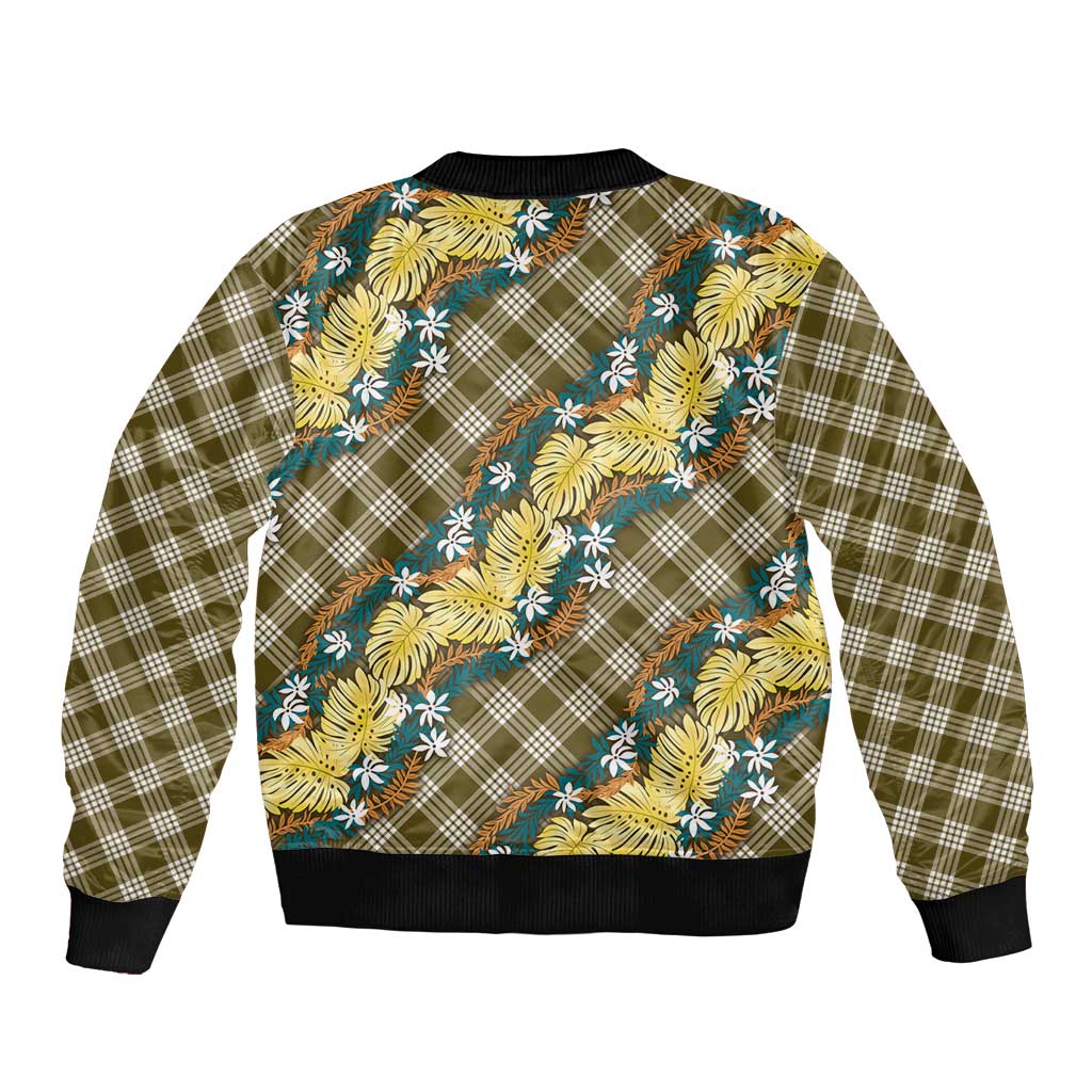 Polynesian Monstera Tiare Floral Sleeve Zip Bomber Jacket Yellow Tropical Plaid LT01 - Polynesian Pride