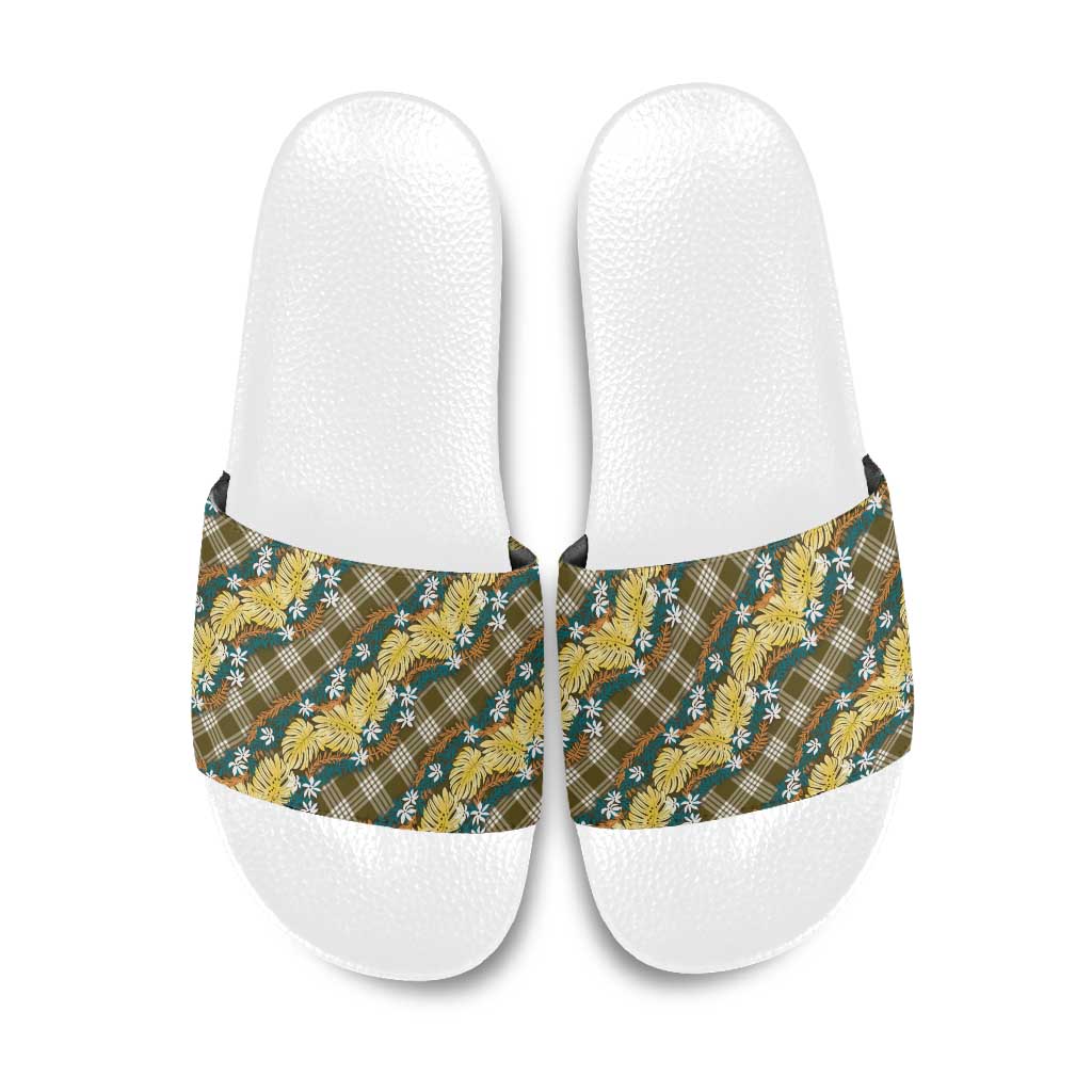 Polynesian Monstera Tiare Floral Slide Sandals Yellow Tropical Plaid - Polynesian Pride