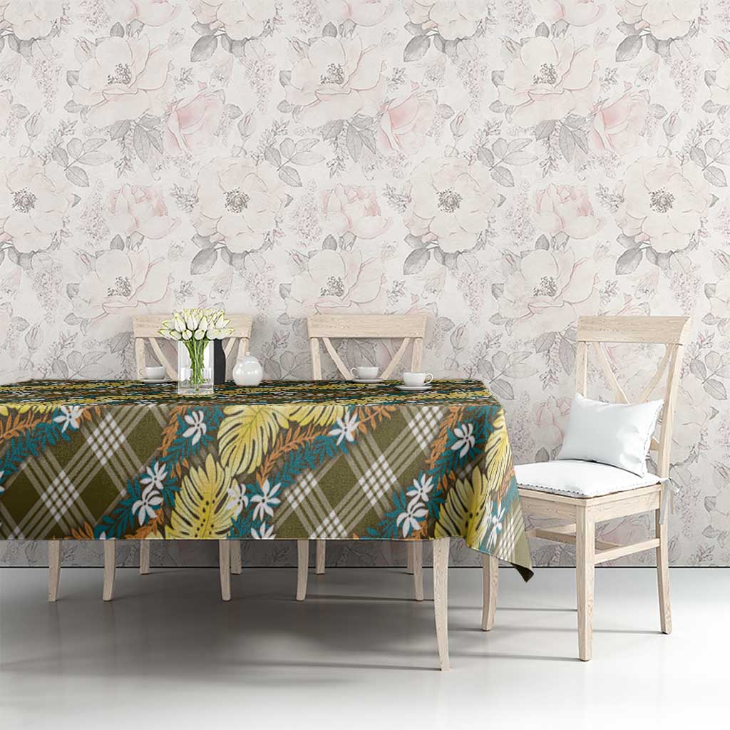 Polynesian Monstera Tiare Floral Tablecloth Yellow Tropical Plaid - Polynesian Pride