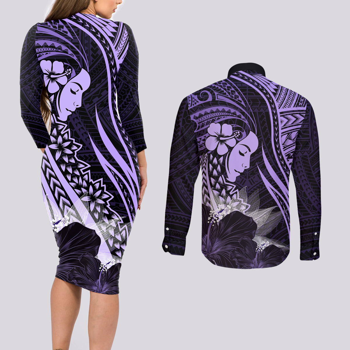 Polynesian Women Day 2024 Couples Matching Long Sleeve Bodycon Dress and Long Sleeve Button Shirt Hibiscus Girl Tribal LT01 - Polynesian Pride