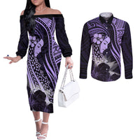 Polynesian Women Day 2024 Couples Matching Off The Shoulder Long Sleeve Dress and Long Sleeve Button Shirt Hibiscus Girl Tribal LT01 Purple - Polynesian Pride