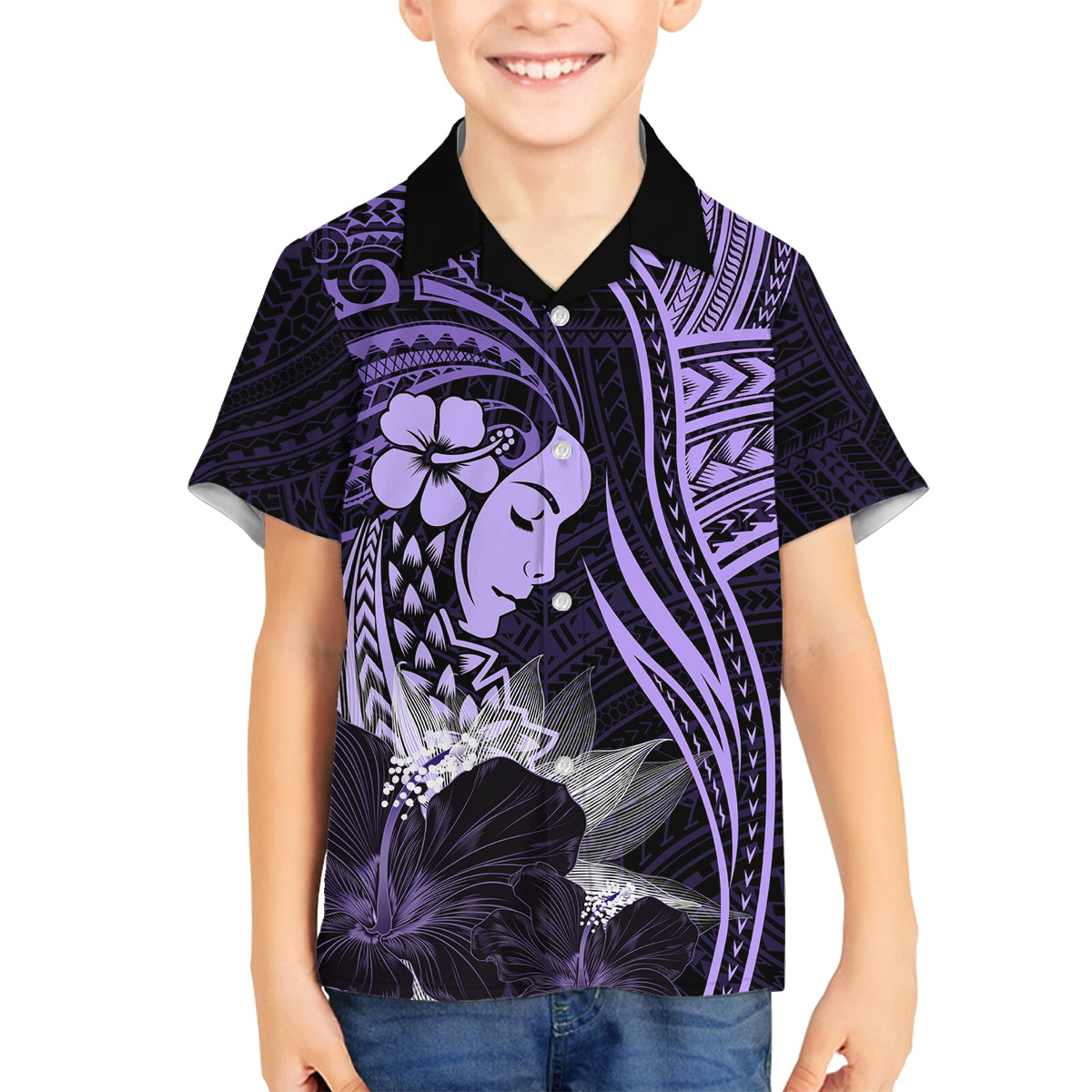 Polynesian Women Day 2024 Family Matching Off Shoulder Short Dress and Hawaiian Shirt Hibiscus Girl Tribal LT01 Son's Shirt Purple - Polynesian Pride