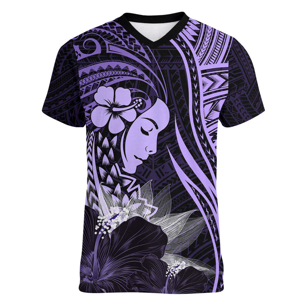 Polynesian Women Day 2024 Women V Neck T Shirt Hibiscus Girl Tribal LT01 Female Purple - Polynesian Pride