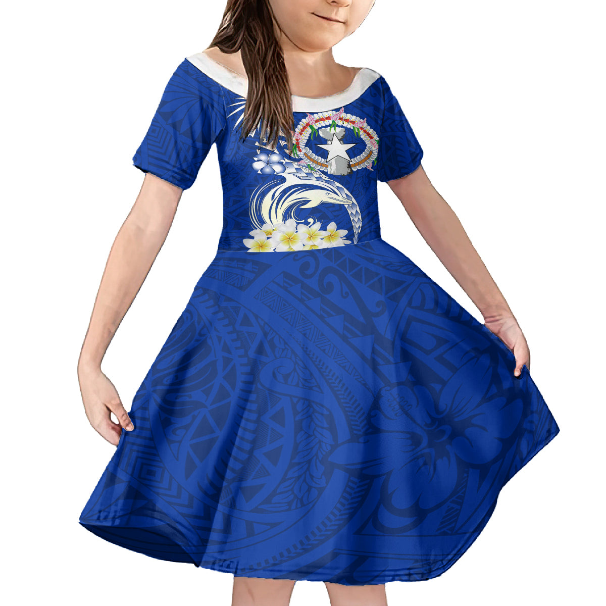 Northern Mariana Islands Commonwealth Day 2024 Kid Short Sleeve Dress Dolphin With Plumeria Flower LT01 KID Blue - Polynesian Pride