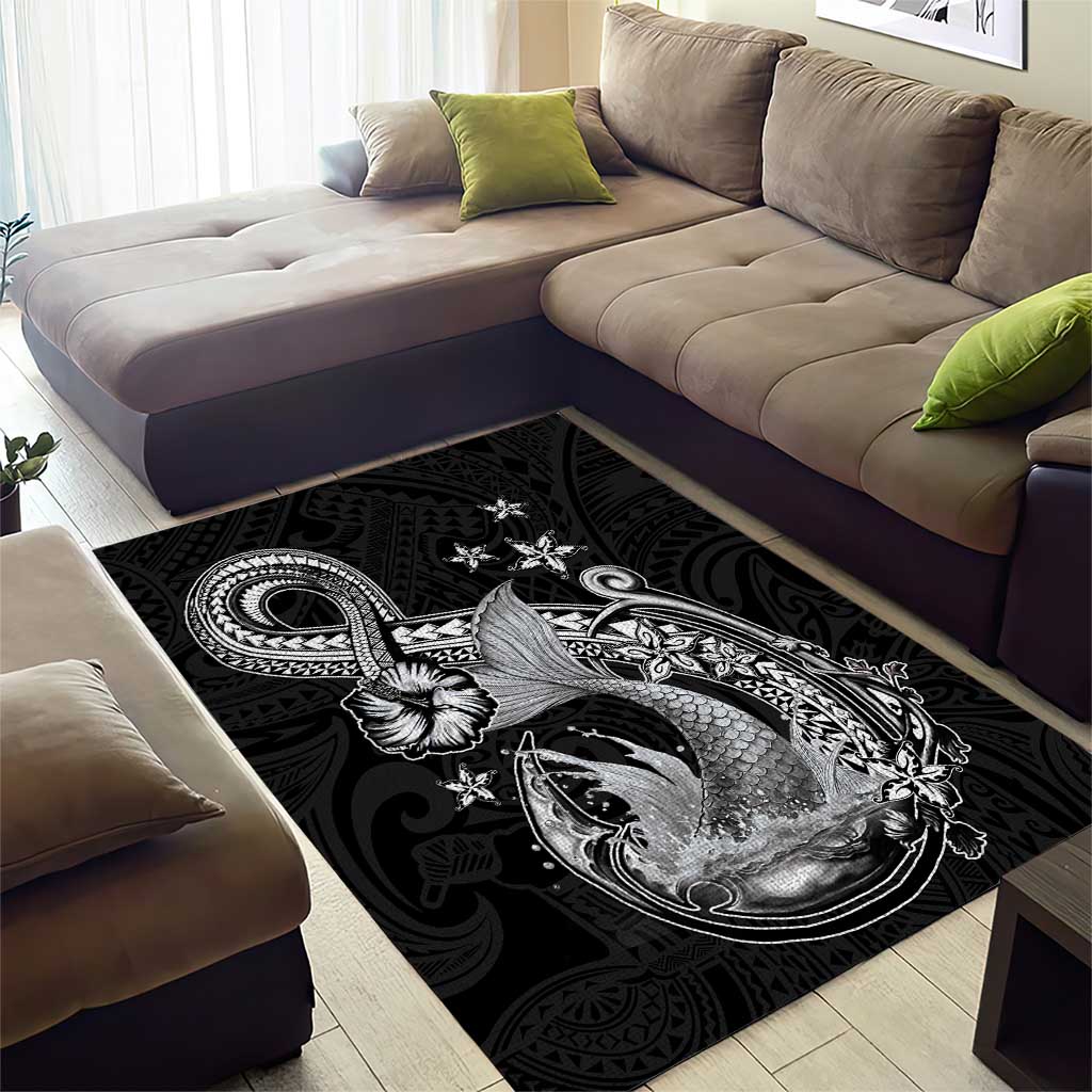 Hawaii Mermaid Monotone Area Rug Polynesian Pattern Fish Hook