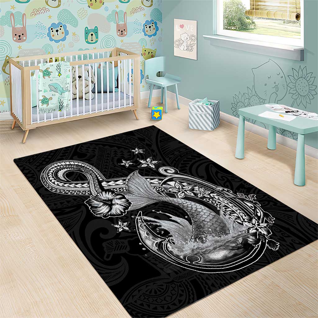 Hawaii Mermaid Monotone Area Rug Polynesian Pattern Fish Hook