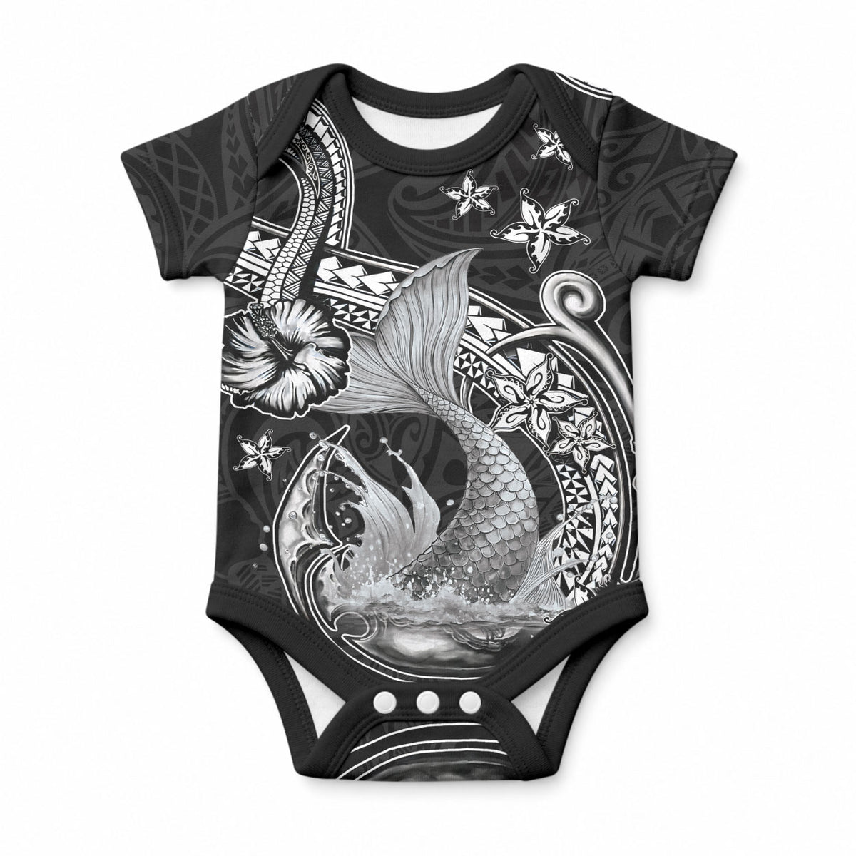 Hawaii Mermaid Monotone Baby Onesie Polynesian Pattern Fish Hook LT01 Black - Polynesian Pride