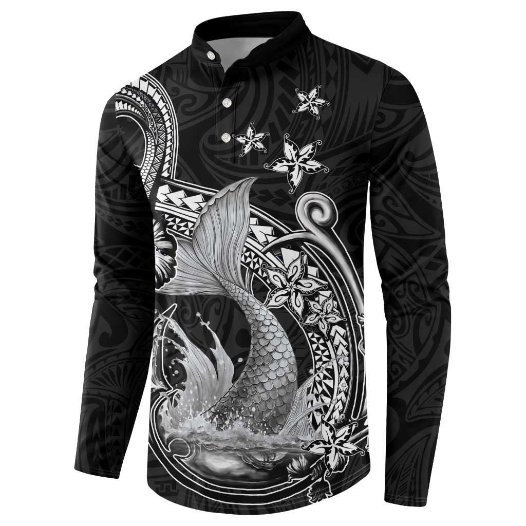Hawaii Mermaid Monotone Button Sweatshirt Polynesian Pattern Fish Hook