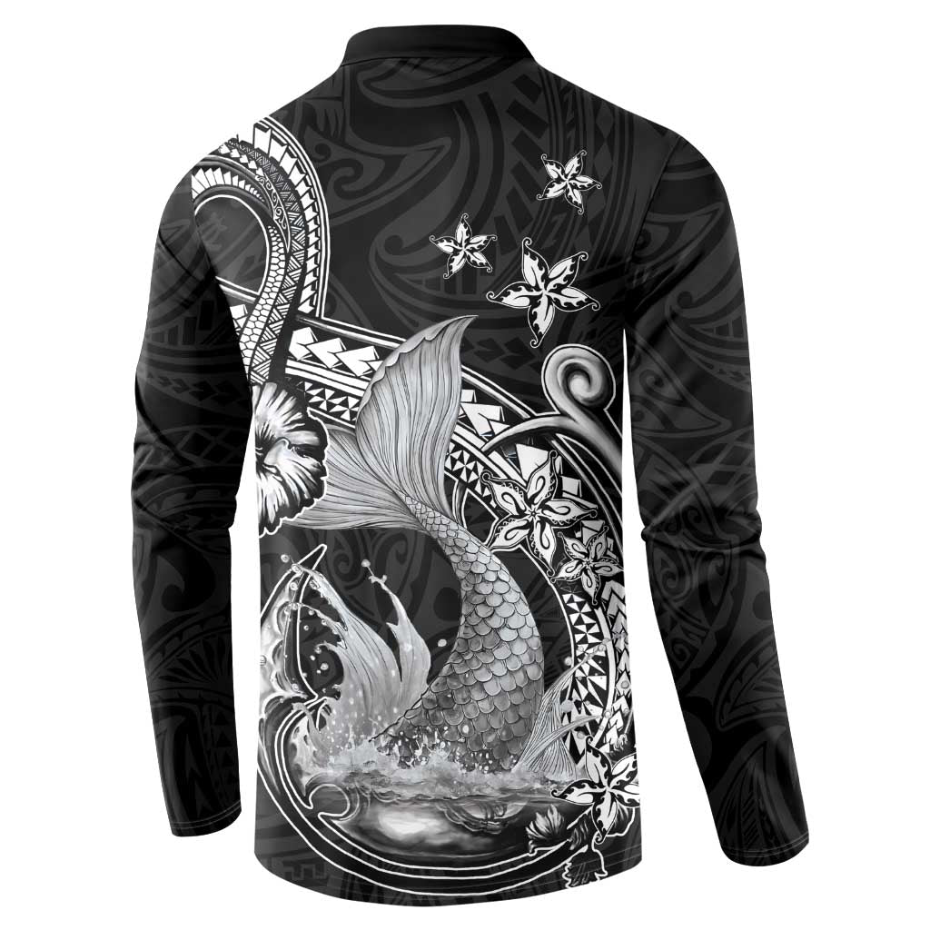 Hawaii Mermaid Monotone Button Sweatshirt Polynesian Pattern Fish Hook