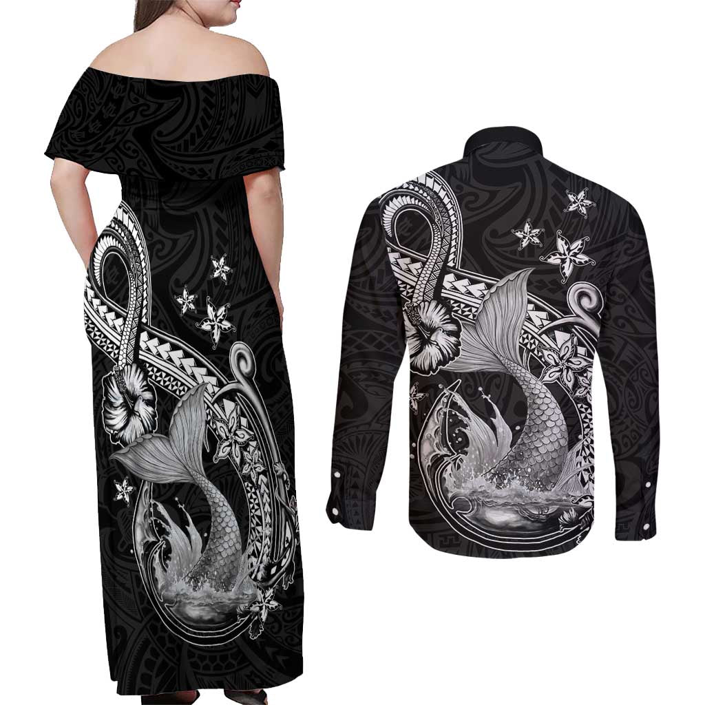 Hawaii Mermaid Monotone Couples Matching Off Shoulder Maxi Dress and Long Sleeve Button Shirt Polynesian Pattern Fish Hook
