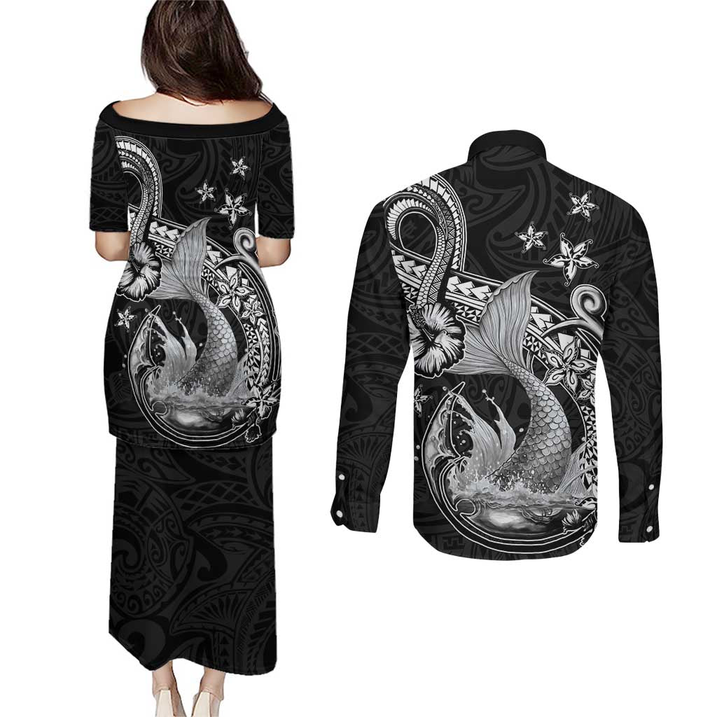 Hawaii Mermaid Monotone Couples Matching Puletasi and Long Sleeve Button Shirt Polynesian Pattern Fish Hook