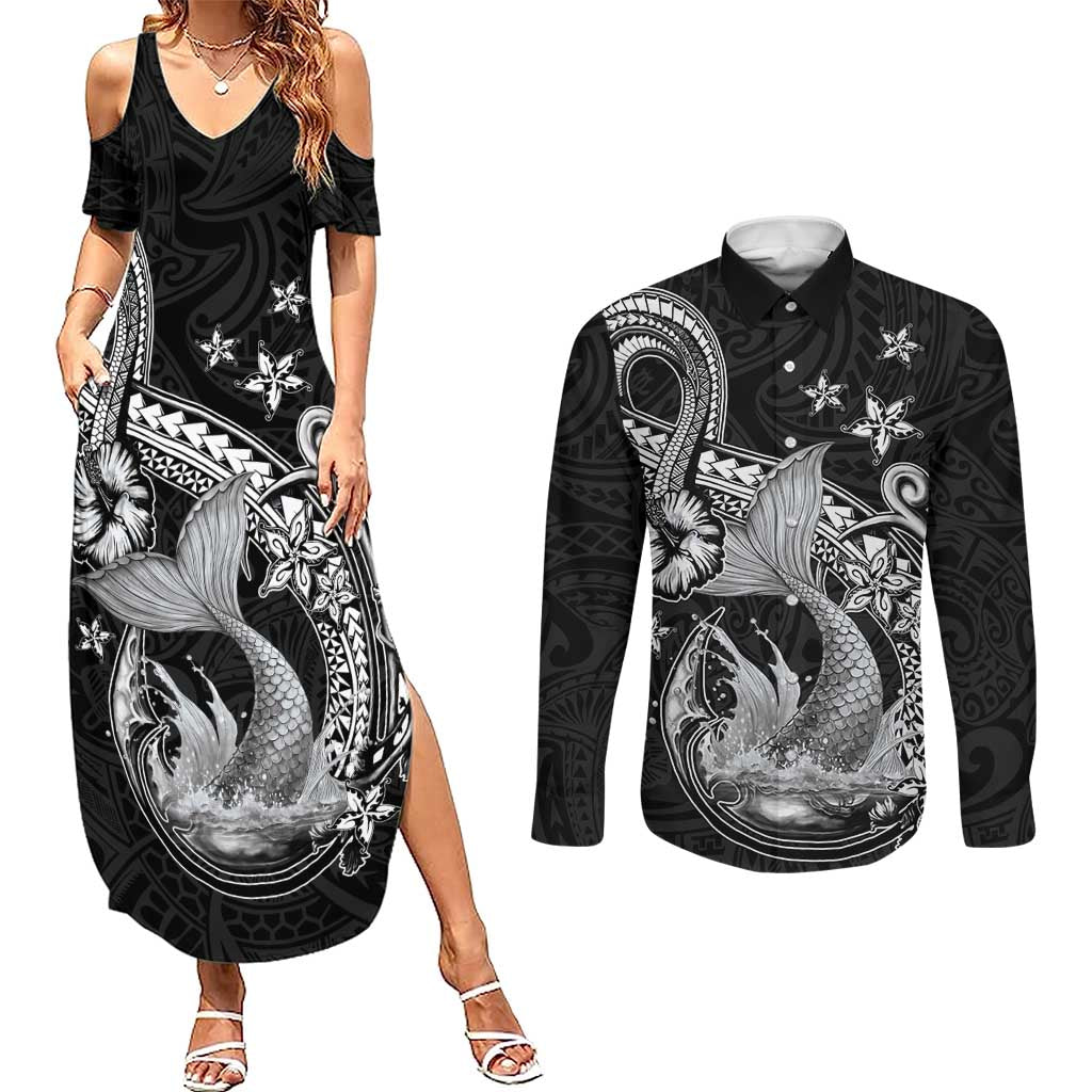 Hawaii Mermaid Monotone Couples Matching Summer Maxi Dress and Long Sleeve Button Shirt Polynesian Pattern Fish Hook