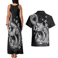 Hawaii Mermaid Monotone Couples Matching Tank Maxi Dress and Hawaiian Shirt Polynesian Pattern Fish Hook